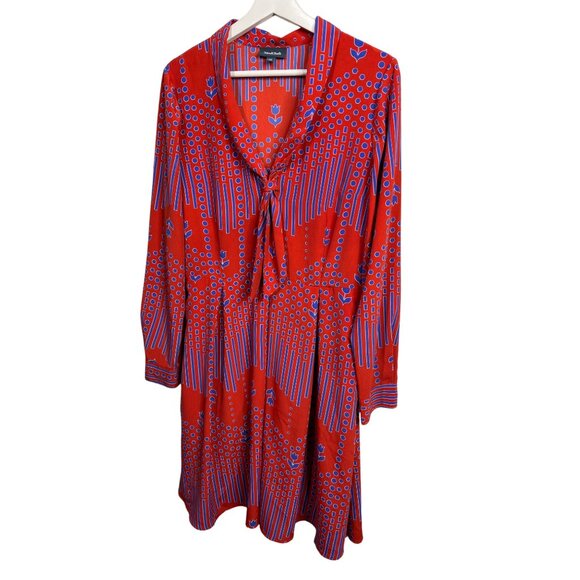 ModCloth Dress Womens 10 Fit and Flare Long Sleeve Pleated Red Blue Print Fall - Picture 4 of 16